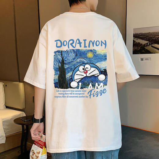 Zhiwei Doraemon pure cotton short-sleeved T-shirt for men in summer Tinker Bell new heavyweight loose dolom cat half-sleeved trendy top T688 sky blue 2XL [recommended 150-170Jin [Jin equals 0.5 kg]]