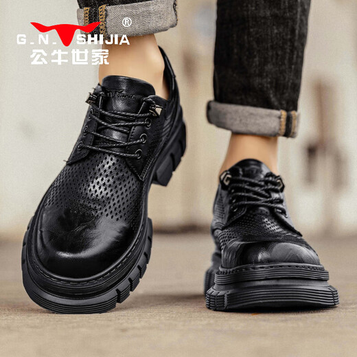 Bull Family Men's Zapatos en verano zapatos de cuero huecos transpirables en la suela gruesa de los hombres Big Heavy Highing Zapatos Botas de martín