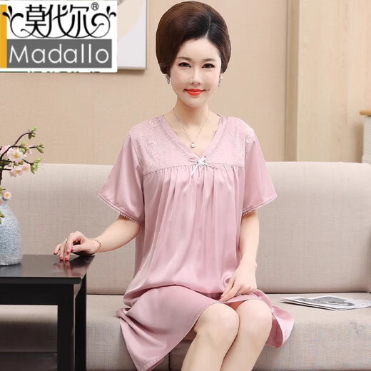 莫代尔妈妈睡裙女夏季冰丝薄款短袖中老年睡衣裙夏天中裙家居服 WH-719 XXXL(建议穿160斤-180斤)