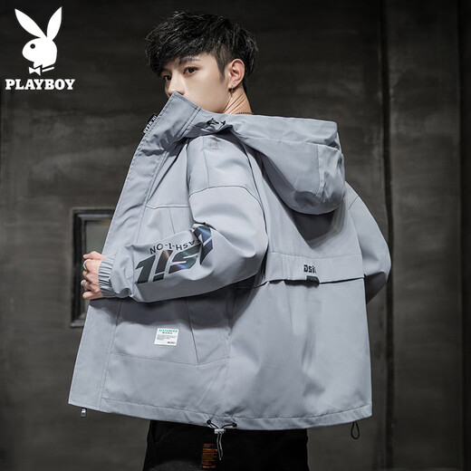 Playboy (PLAYBOY) jacket men's charge jacket men's spring and summer men's casual hooded workwear trendy top black - XL
