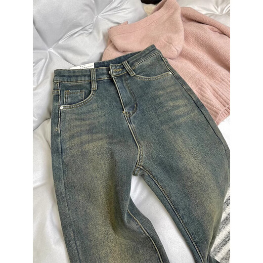 Cotton plus velvet thickened retro micro-flare jeans for women in autumn and winter loose straight versatile casual pants for women high waist 6982 blue plus velvet high quality 44 M 98-108Jin Jin is equal to 0.5 kg