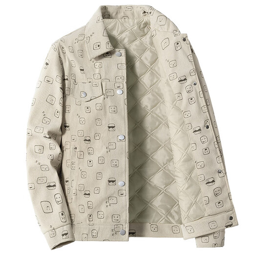 Jeanswest quilted thickened corduroy jacket men's autumn and winter cotton shirt jacket lapel work jacket full-bottom printing trend thickened off-white L