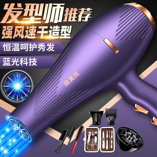 The most popular model on the Internet, strong wind hair dryer for hair use at home, high-power, quick-drying, hot and cold air, negative ions, no harm, electric hair dryer, three-piece set + manicure bag + hair salon hurricane, 1.8 lines, Violet