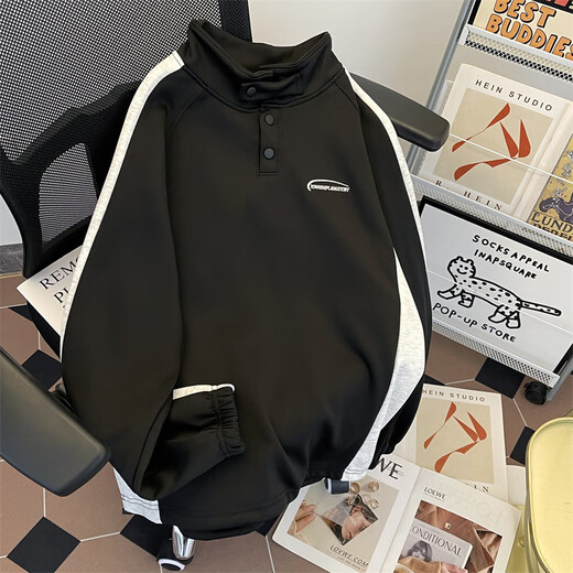 Capti Spring and Autumn Outdoor Striped Texture Sweatshirt National Trend Henry Collar Cotton Sweatshirt Men's Training Long Sleeve Heavy Jacket Gray M