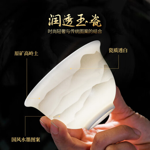 Qixuanyuan mutton fat jade porcelain Kung Fu tea set home high-end office reception guest ink Jiangshan tea cup cover bowl complete set