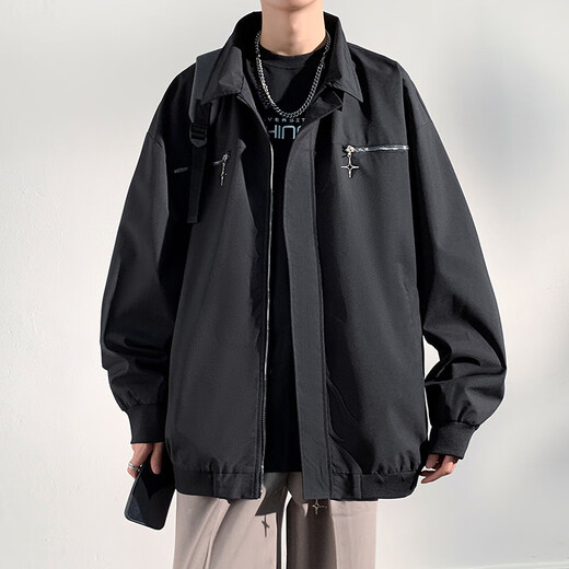 Foss Phil American lapel jacket for men in spring, autumn and winter, trendy loose and handsome Korean style design casual jacket tops MYY-MYJ23-752 black L recommended 125-145Jin Jin is equal to 0.5 kg