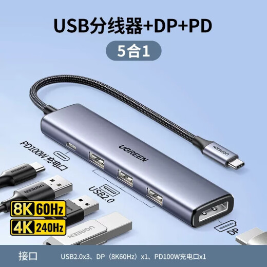 Estación de acoplamiento Tipo-C de Network Green (Ugreen) USB-C a HDMI Converter 3.0 Splitter para Apple Computer Converter MacBook Air para iPad Pro Laptop 5-In-1 [Proyección de pantalla DP 8K+Hub+PD] 15905