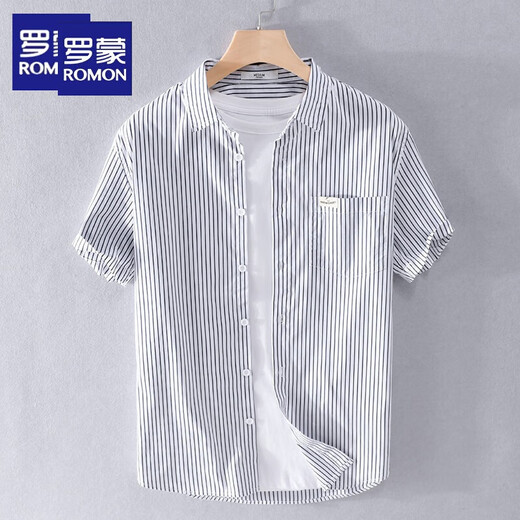 罗蒙（ROMON）2025男士条纹短袖衬衫日系宽松上衣薄款夏装衣服休闲百搭半袖衬衣 Y9740浅蓝色 XL125斤左右