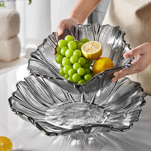 Yagang household glass fruit plate, living room coffee table, high-end plate, exquisite and beautiful crystal large high-end snack plate (large size) smoky gray fruit plate