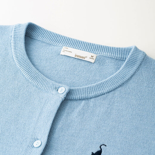 INMAN Commuting Simple Casual Knitted Cardigan Women's 2025 Autumn Retro Embroidered Soft and Comfortable Round Neck Sweater Milk Blue S