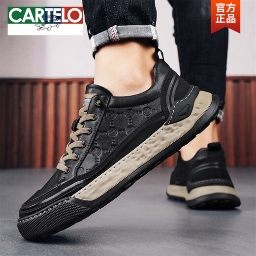 卡帝乐鳄鱼（CARTELO）鞋子男秋天新款低帮皮面透气轻便板鞋男士春秋季休闲运动工装鞋潮 L1391黑色 41