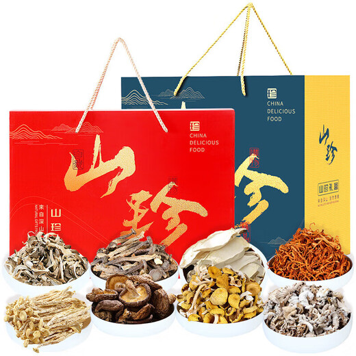 肉福记 菌菇礼盒干货礼盒山珍礼盒礼品羊肚菌高端档送长辈领导年货礼盒 山珍菌菇A款八拼-中国红礼盒680g