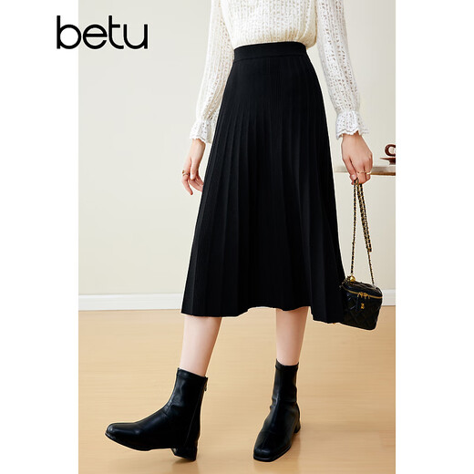Betu women's autumn and winter new skirt French pleated high-waisted slim A-line knitted skirt for women 2310T76 black S (grey pre-sale shipped on 12/08)