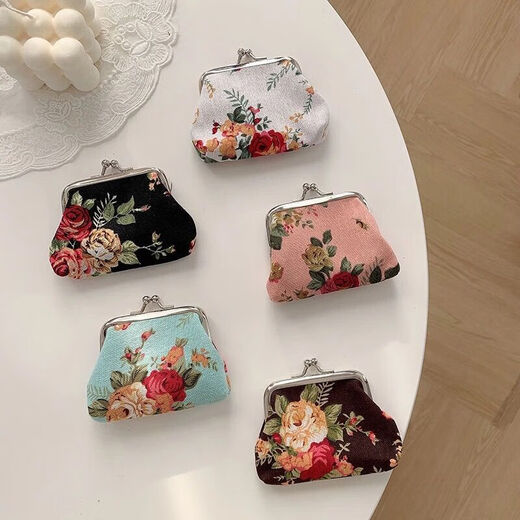 复古零钱包玫瑰布艺钱包迷你帆布包口金暗扣硬币包收纳 迷你白蓝黑3个装