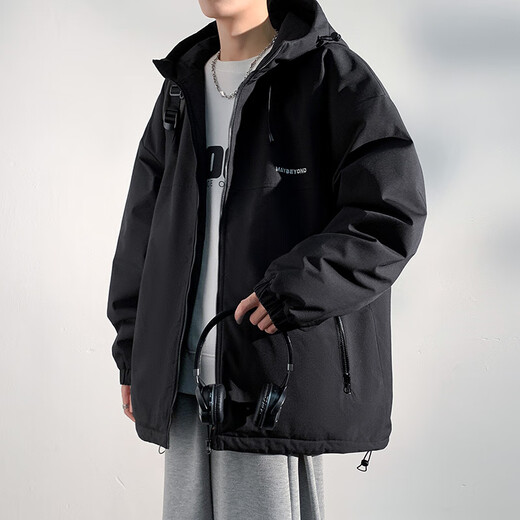 Dingfengbaoluo American cotton jacket men's autumn and winter casual cotton jacket thickened windproof hooded warm cotton jacket DFM18 black L