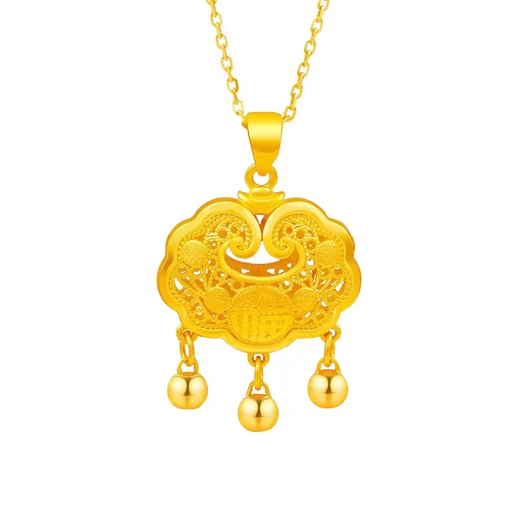 Fat Donglai's same 18K gold longevity lock yellow necklace female color clavicle chain pendant 2022 new Valentine's Day ruby drop necklace