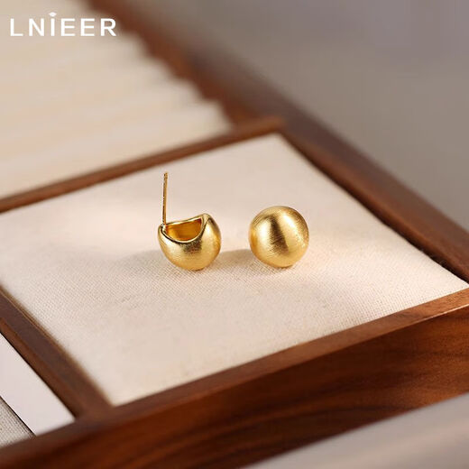 Lnieer925 silver needle retro frosted brushed small bean earrings, feminine, high-end, cold style earrings, autumn and winter earrings, gold brushed earrings, 925 silver needles