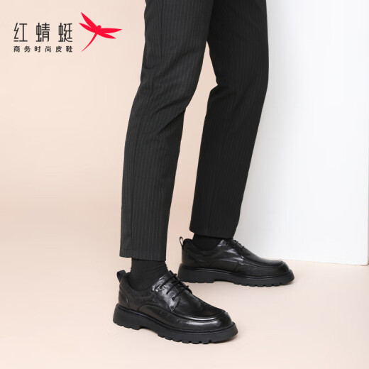 红蜻蜓皮鞋男厚底增高商务正装鞋手抓纹牛皮休闲鞋男WTA343201黑色41