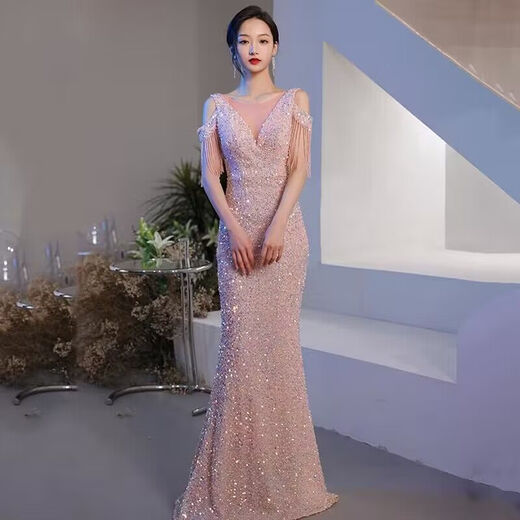 Weiaiidexiaosongshu Abendkleid für Frauen 2023 Neues Banketttemperament Fischschwanz Gastgeber leichter Luxus Nische High-End Pink M