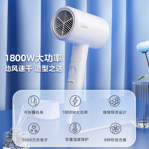 Midea Hair Dryer Home Portable Foldable Negative Ion Hair Dryer Constant Temperature Quick Drying Hair Care Does Not Hurt Your Hair High Power Wind Hair Dryer Available for Student Dormitories Holiday Birthday Gifts Polar White丨1800W丨50 Million Negative Ions