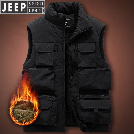 JEEP SPIRIT velvet thickened outdoor sports vest men's multi-pocket work vest fishing photography vest sleeveless jacket trendy 8877 khaki-plush style M suitable for weight 100-120Jin Jin is equal to about 0.5 kg