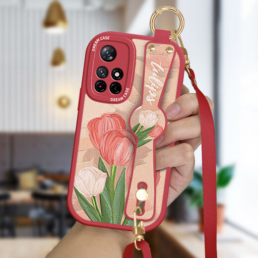 Tongrubi Qingyan applicable Redmi Note11 Case mobile Redmi Note13pro Mobile Case Note12 Anti-Fall K60 Men 10 Pn-Yuetu Play Flower Red Wristbbbbbbang (Red) F1697 Redmi Note115G