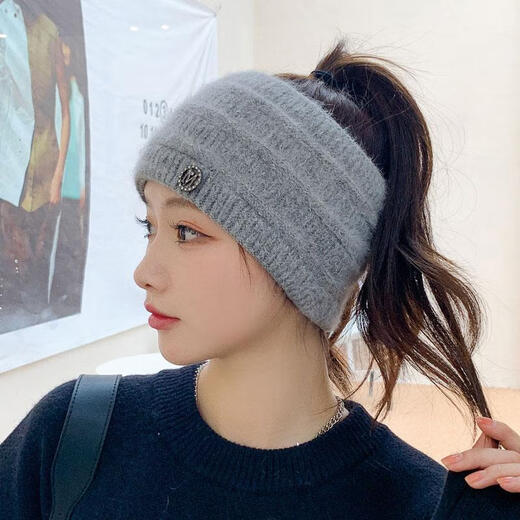 UKCF Woolen Hat Women's Autumn and Winter Revealed Hair Ponytail Hat Plus Velvet Revealed Ponytail Winter Topless Rabbit Fur Knitted Hat Black Leakable Ponytail Headband One Size Elastic