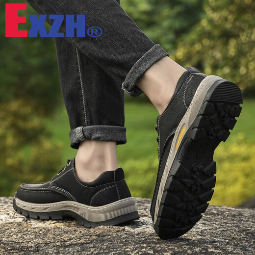 
EXZH brand 2024 new work shoes for men genuine leather thick sole round head non-slip outdoor casual big-head leather shoes men wide version 9715 black 39