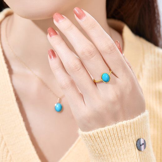 Diamond yellow 18K gold egg surface turquoise ring for women, colored gemstone ring, colorful gem ring for wife, girlfriend birthday gift, yellow 18K gold turquoise 7mm*9mm