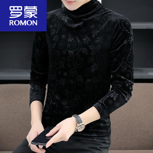 Romon Plus Velvet épaissis de demi-collé de base à col roulé pour le t-shirt à manches longues en velours en or noir pour hommes en automne et hiver intérieur usure t 691 noir m