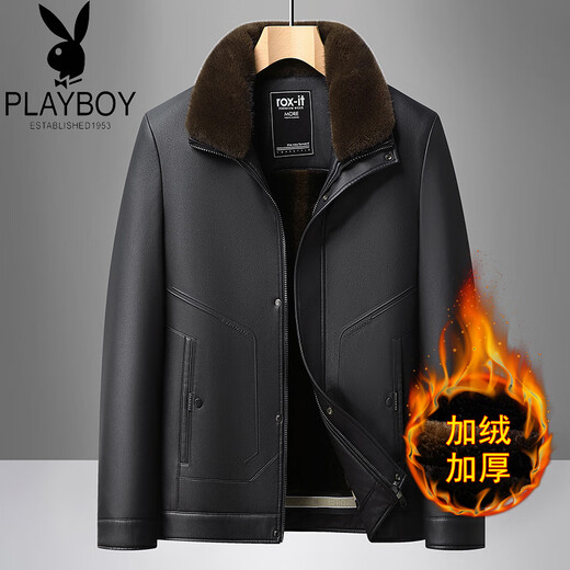Playboy Fur All-in-One Men's Dad Winter Jacket Plus Velvet Thickened Men's Leather Jacket for Middle-aged and Elderly Grandpas to Keep Warm in Winter Black (Removable Collar) XL Recommended 105-125Jin Jin equals 0.5kg
