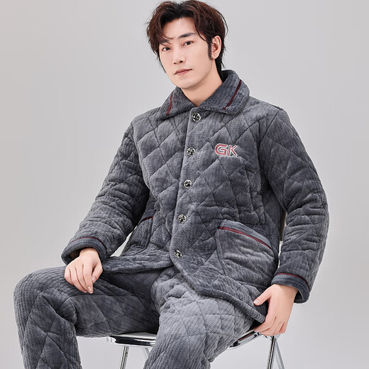 轩朵淇睡衣男士冬季三层加厚加绒珊瑚绒夹棉法兰绒保暖家居服套装秋冬款 C9902#黑灰色男【牛奶绒】 L(100-125斤)三层加厚