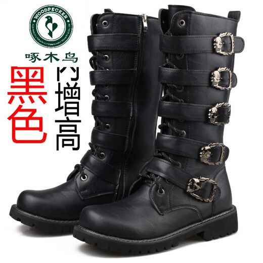 啄木鸟高档轻奢男大码高帮长靴韩版潮流马丁靴男士疯马皮靴英伦高筒靴子 黑色 42