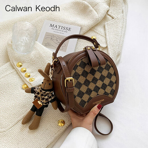 CALWAN KEODH包包女包新款2025单肩斜挎包小圆包轻奢生日七夕情人节礼物送女友 【菱格咖色】时尚通勤手提包送老婆高级实用