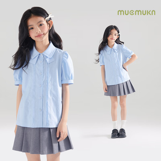 Mucmukn Antibacterial Bamboo Fiber Soft Anti-wrinkle Girls Sea Salt Bubble Blue Half Sleeve Shirt Butterfly Collar Top Half Sleeve Summer Blue 140 cm