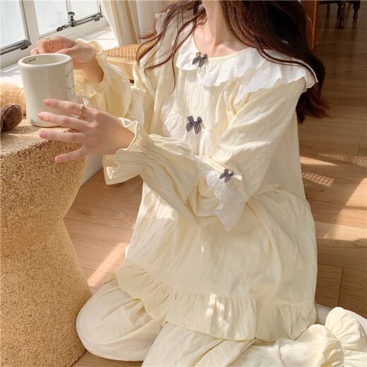 TULX睡衣女宫廷风秋季女款甜美小个子2023新款棉长袖家居服春秋款 杏色6210#【33Y】 M 75-95斤