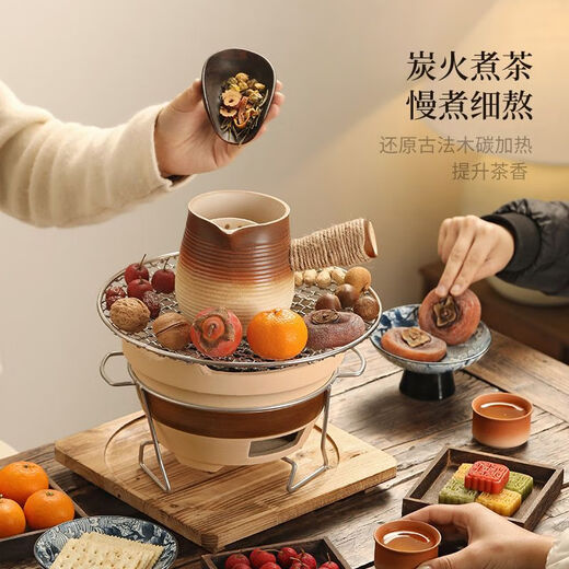 Cooking tea around the stove, indoor old-fashioned edge stove, Internet celebrity roasting stove, charcoal mud stove, outdoor carbon stove, free tea towel + carbon clip, 20.5CM carbon stove + iron frame + iron mesh + white can