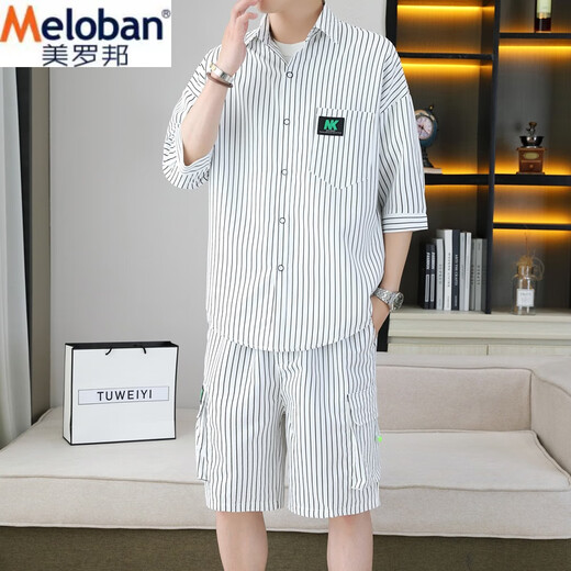 美罗邦 MELOBAN夏季冰丝套装男条纹宽松潮牌七分袖衬衫五分短裤高端痞帅搭配一套 902白 XL 参考125-140斤左右