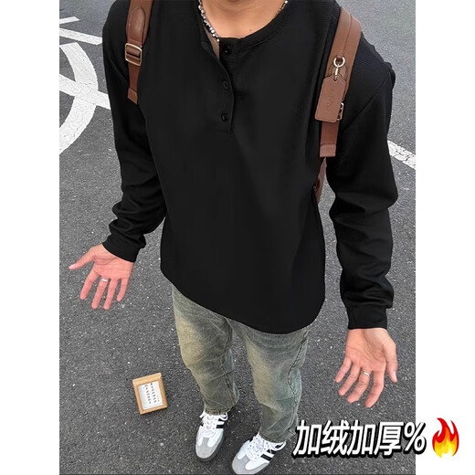 Jian Xingheng black American Henry collar long-sleeved T-shirt men's spring waffle sweatshirt velvet thickened inner base layer winter black velvet 1381 high quality XL recommended 120-140Jin Jin equals 0.5 kg