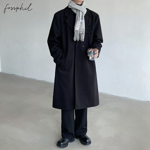 Foss Phil woolen coat men's autumn and winter trendy brand loose black high-end mid-length windbreaker jacket J251 black L