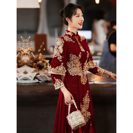 Ai Feilin new Chinese toasting dress cheongsam 2025 new burgundy Xiuhe dress bride wedding long-sleeved high waist slimming belly covering light Xiuhe dress 80 M