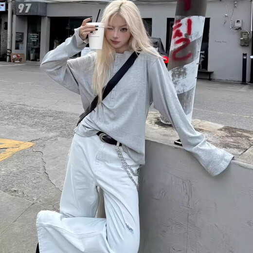 BO+BOXY short wide Henry collar loose bottoming top is soft, comfortable, versatile and figure-flattering, multi-color optional long-sleeved T-shirt, black L