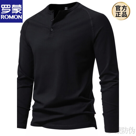 ROMON 2025 new autumn men's pure cotton Henry collar long-sleeved T-shirt youth simple elastic slim solid color bottoming new product dark gray XL (125Jin Jin is equal to 0.5kg -140Jin Jin is equal to 0.5kg)
