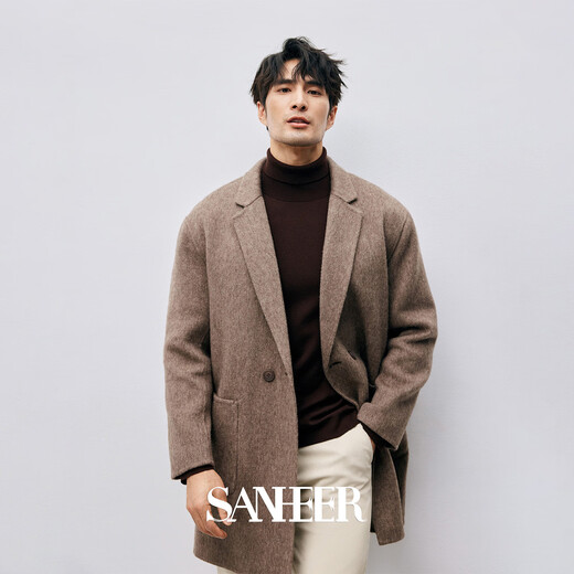SANHEER Italian gentleman high-end yak wool double-sided woolen winter men's mid-length woolen coat DAF184 camel XL /52