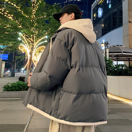 Playboy (PLAYBOY) fake two-piece hooded thickened cotton coat for men autumn and winter 2026 new cotton coat jacket for men loose warm bread coat 636# dark gray XL recommended 140~160Jin Jin equals 0.5 kg to wear