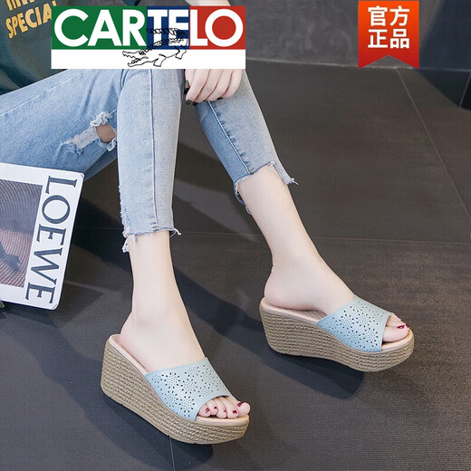Cartelo High-End-Sandalen für Frauen Sommer 2025 Neue Hohlschiff-Flip-Flop Echtes Lederschwamm Kuchen Sohle Verschleiß dick-locked hochhackiger Hausschuhe A6210 Black 35