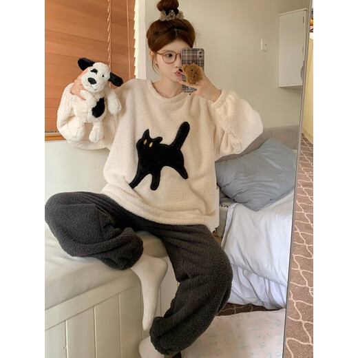 Modal 2024 new coral velvet pajamas for women in winter plus velvet thickened half-edged velvet cartoon black cat autumn and winter home clothing OM-4872-Puttender rice velvet cover-Pink hat cat S[80-100Jin[Jin equals 0.5 kg]]