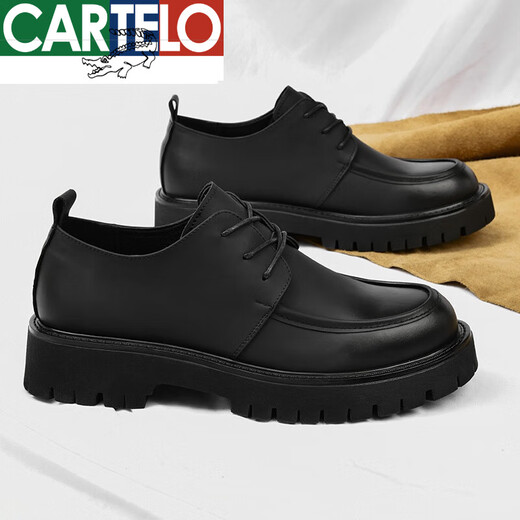 卡帝乐鳄鱼（CARTELO）皮鞋男秋季新款真皮商务正装英伦风男士休闲百搭厚底大头德比鞋子 黑色6623四季款 40 标准皮鞋码