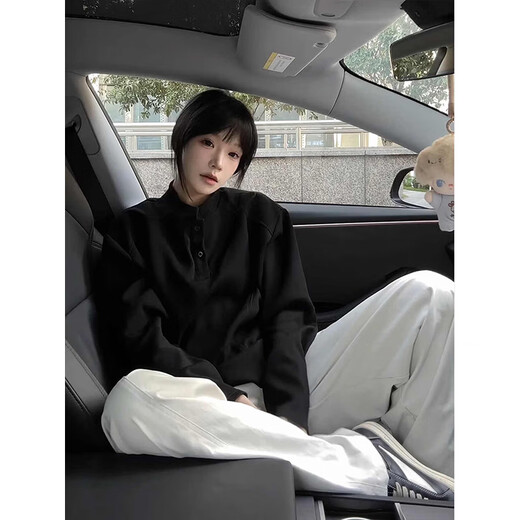 Luard American vintage Henry collar sweatshirt men's autumn high street casual retro long-sleeved loose shoulder polo shirt black XL