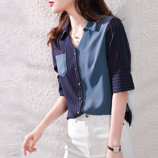 Demana (dme) spring fashion splicing casual women's shirt slim H-shaped women's top V-neck temperament shirt for women Navy S